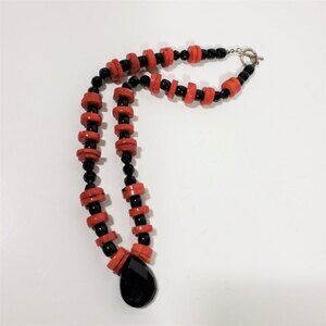 Chunky Necklace Red Coral & Jet Black Sterling Silver Toggle Clasp 18 inch